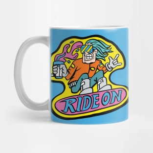 Ride On - crazy neon snowboarder Mug